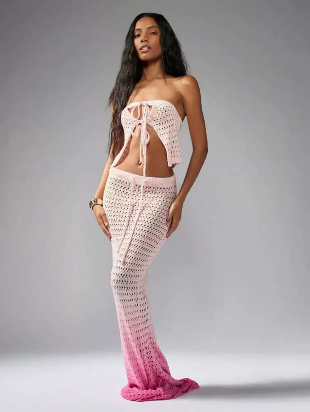 Zara Pink Knit Beach Long Skirt Bikini Cover Up Sun Protection 2-Piece Set